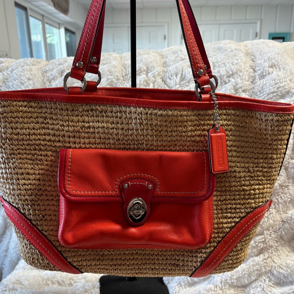 Coach Tangerine Leather and Tan Woven Tote - EUC